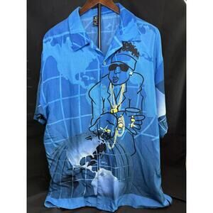 Claudio Nucci Shirt Mens Extra Large Blue Short Sleeve Button Up Hip Hop Graphic